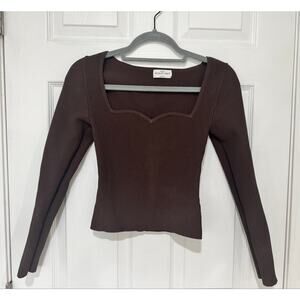 Babaton Sculpt Knit Sweetheart Long Sleeve Brown Ribbed Top Small